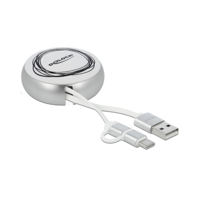 Delock USB-2.0-Kabel USB-A - USB-C/MicroB Autorollfunktion, silber