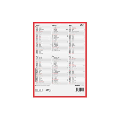 Biella Tafelkalender Karton weiss/rot gelocht 2027 Biella Tafelkalender Karton weiss/rot gelocht 2027
