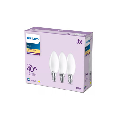Philips LED Filament-Kerzenlampe, Milchglas, 40W, B35, E14, 3er-Pack