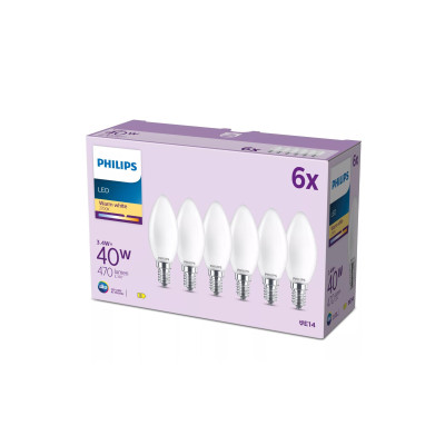 Philips LED Filament-Kerzenlampe, Milchglas, 40W, B35, E14, 6er-Pack
